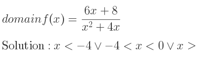 The domain of f(x)=(6x+8)/(x^2+4x) is x<-4\lor-4<x<0\lor x>0